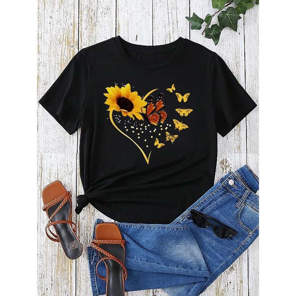 Women s Sunflower Butterfly Print T-shirt Summer Casual Round Neck Short-sleeved Women s Blouse T-shirt Fashion Women s T-shirt M