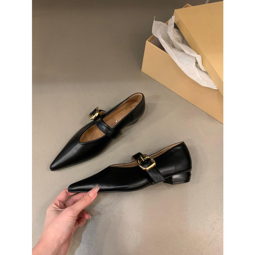 Zapatos Negros de Punta con Suela Plana para Mujer Zapatos de Verano Franceses de Tacón Bajo Temperamento Mary Jane Zapatos Pequeños de Cuero