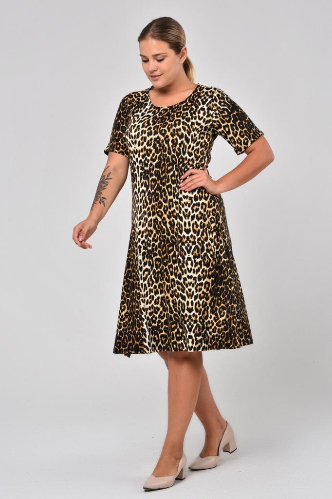 Women's Big Size Dress Short Sleeve Black Leopard Patterned Dress