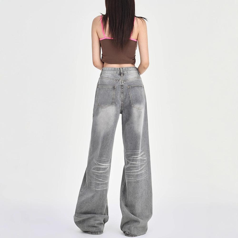 Women's 2025 Spring Gray Low-Rise Wide-Leg Retro Petite Jeans