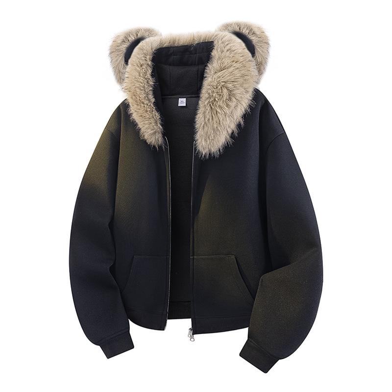 Unisex Teddybär-Ohren Pelzkragen Strickjacke Hoodie - Herbst/Winter 2026 Lockerer College-Stil Jacke