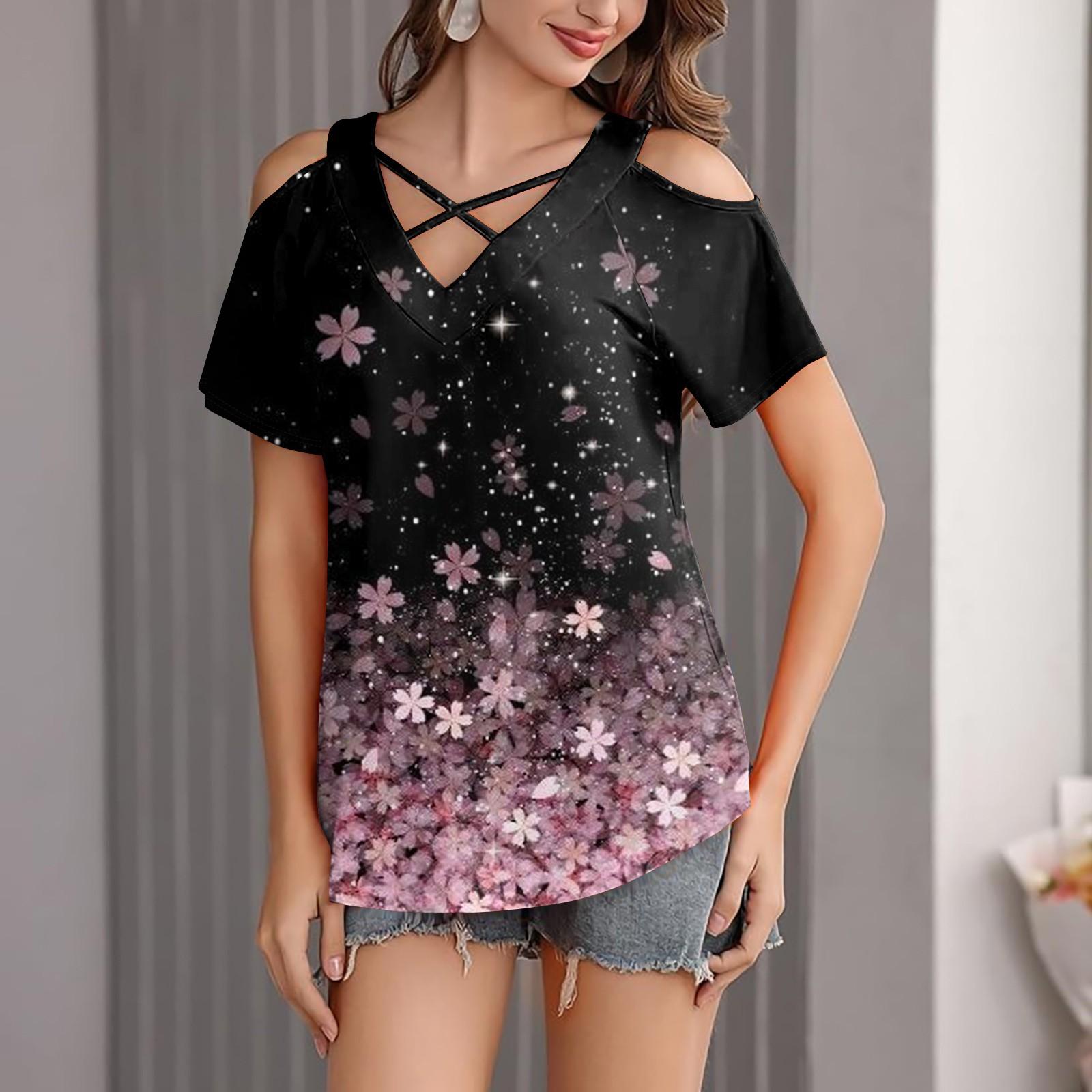 

Женская футболка свободного покроя с открытыми плечами, V-образным вырезом и короткими рукавами, с градиентным принтом M розовый