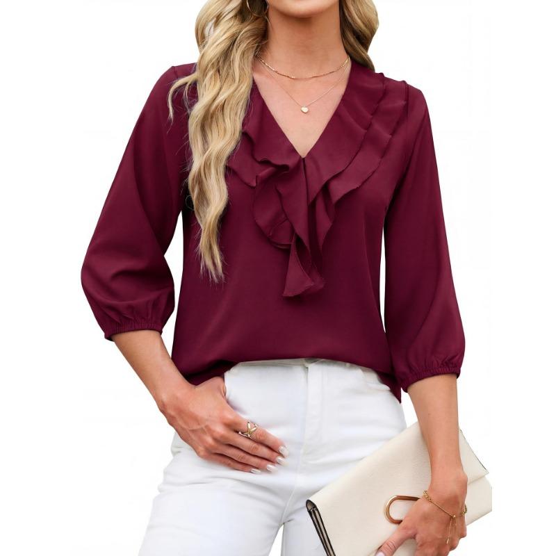 Womens Ruffled V Neck Three Quarter Sleeve Polka Dot Chiffon Blouse
