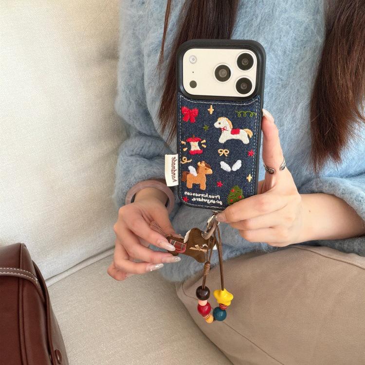 Herz Cartoon Gestickte Denim Hülle für Apple iPhone 17 Pro Max & 16 Pro