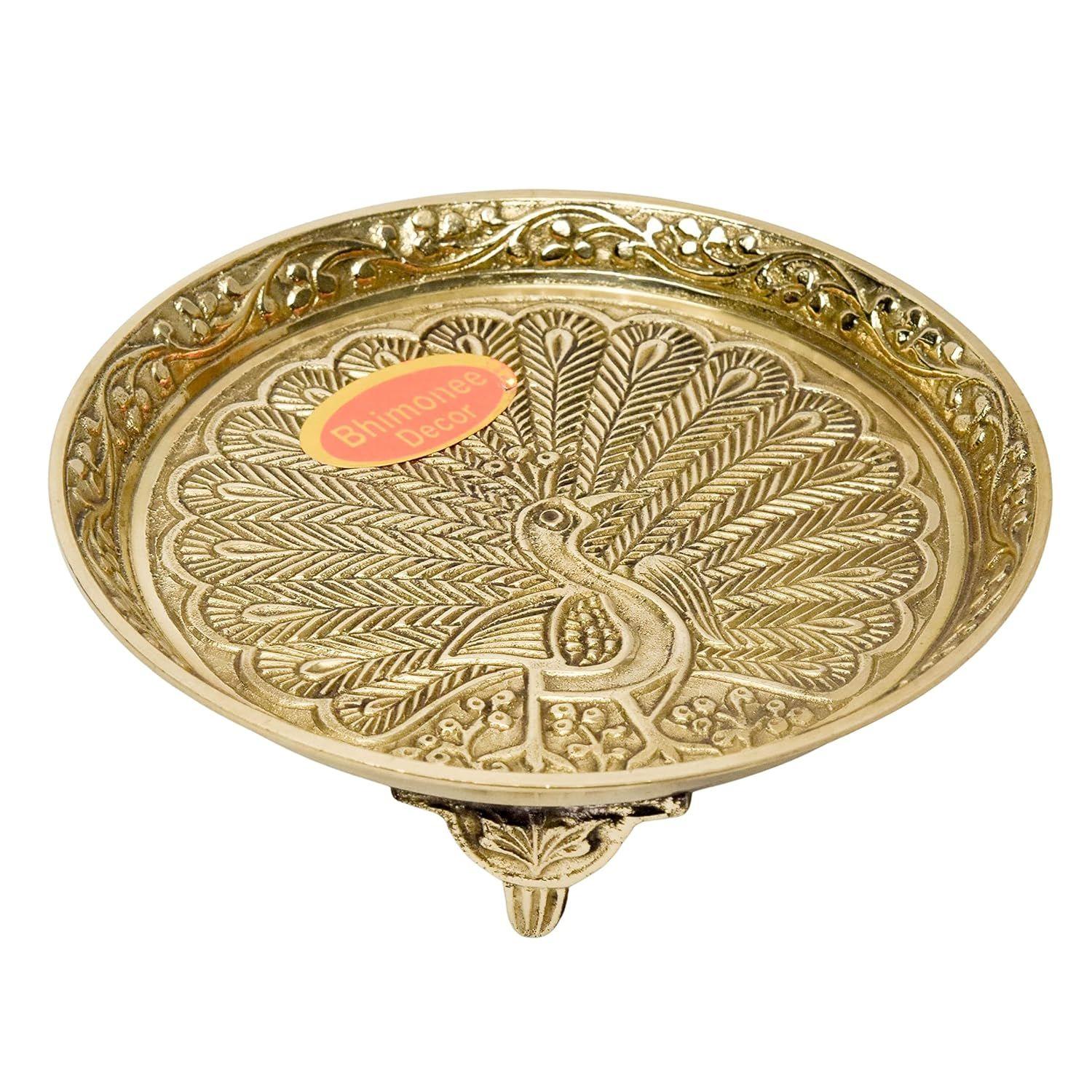 Bhimonee Decor | Brass Peacock Design Pin Tray | Pooja Thali for Home Decor | 1.4 Inches, 160 gm | Rectangular Gold Tray for Pooja