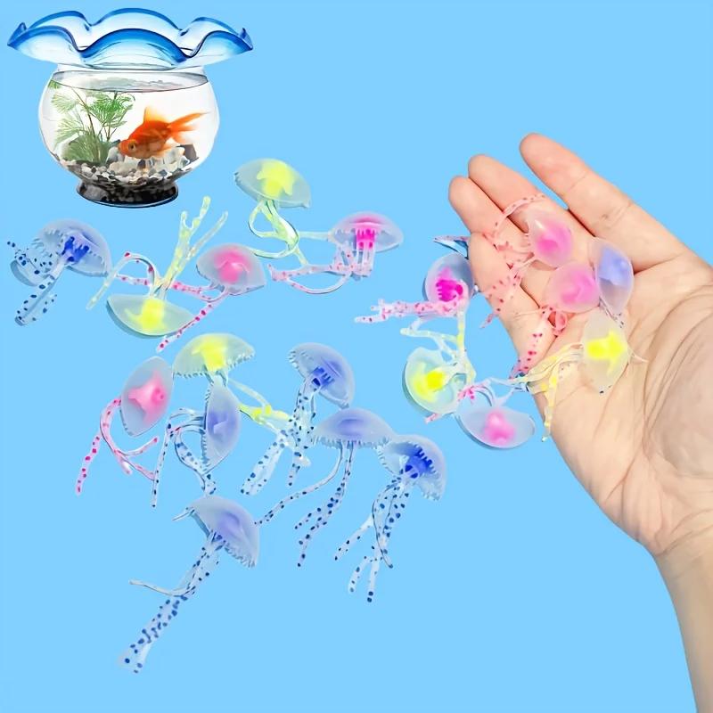 Set of 2 Glow-in-the-Dark Realistic Jellyfish Aquarium Decorations - Multicolored fluorescent floating aquarium ornaments.