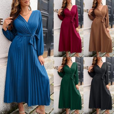 Zima Podzim Dámské Elegantní Plisované Velká Sukně Lucernový Rukáv Dlouhé Šaty
