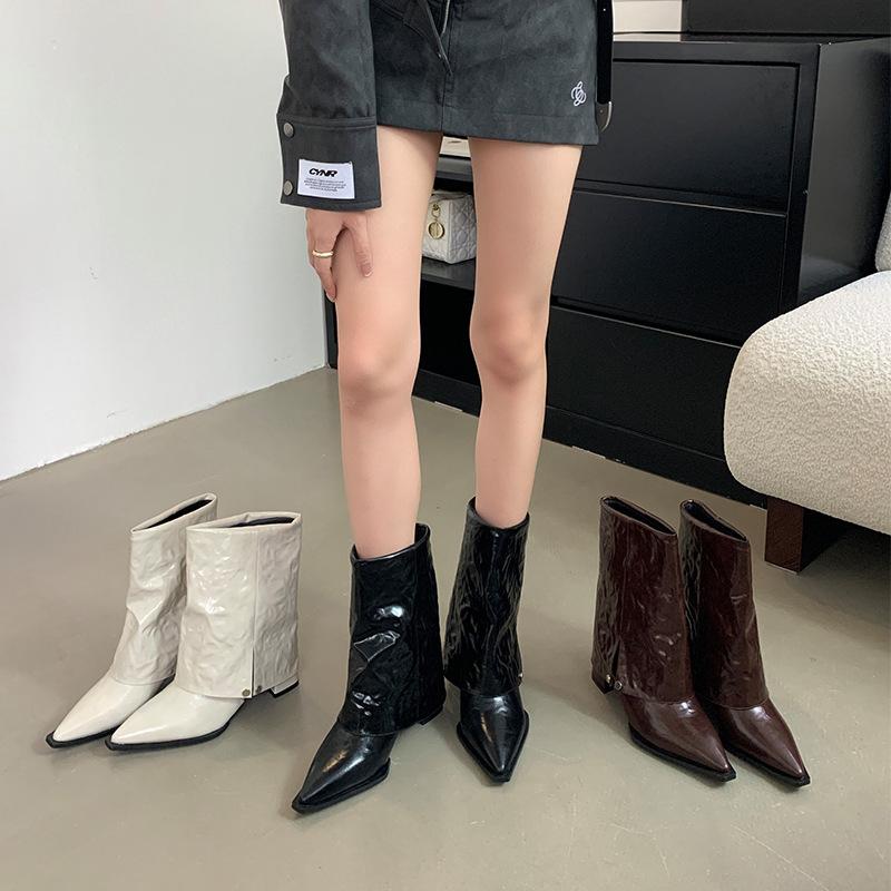Miting spitz zulaufende kurze Stiefel Damen 2025 Herbst und Winter dicker Absatz mittlerer Absatz nackte Stiefel Retro-Stiefel Martin-Stiefel Damen Western-Cowboystiefel