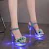 Fashion Glowing Flower Sandals for Women 2025 New Summer Sexy 13cm High Heels Thin Waterproof Platform Shoes Elegant Versatile Design