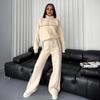 Women Winter 2 Piece Suit Half High Collar Zip Up Long Sleeve Top Elastic Waist Wide Leg Pocket Trousers