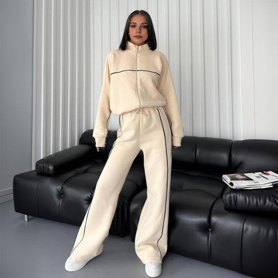 Women Winter 2 Piece Suit Half High Collar Zip Up Long Sleeve Top Elastic Waist Wide Leg Pocket Trousers