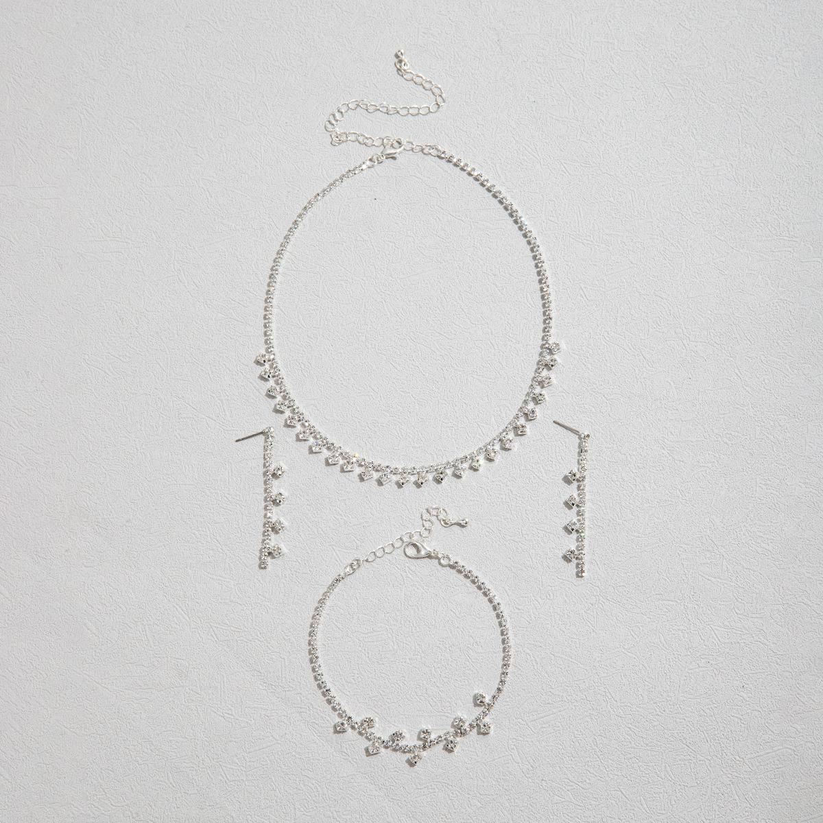 

Новый элегантный женский комплект ювелирных изделий из ожерелья и браслета, серьги, свадебный комплект ювелирных изделий, изысканные свадебные аксессуары 34CM серебряный