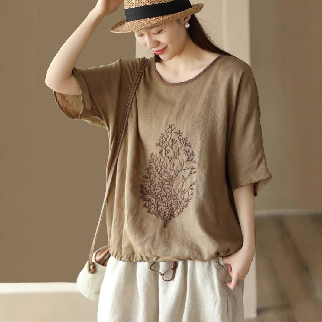 

Chinese Style Pullover Color Matching Round Neck Loose Large Size T-shirt Women s Literary Retro Embroidered Cotton and Linen Blouse Women 4XL