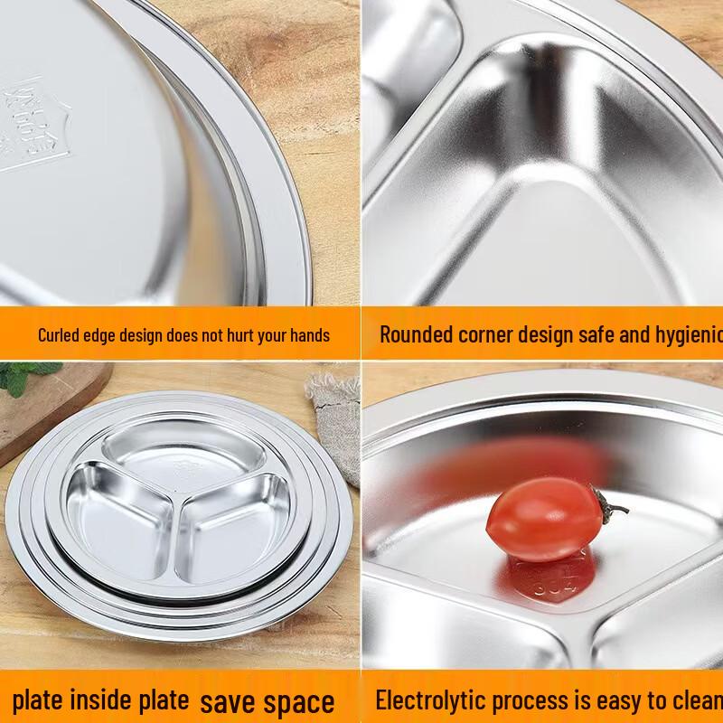 Mailang 304 Stainless Steel Round 3-Compartment Kids Meal Plate
