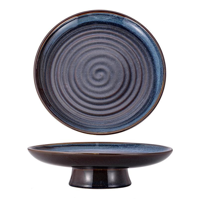 Retro Ceramic Glaze Dessert Plate | High-Foot Nostalgic Tableware for Snacks, Fruit & Pastry