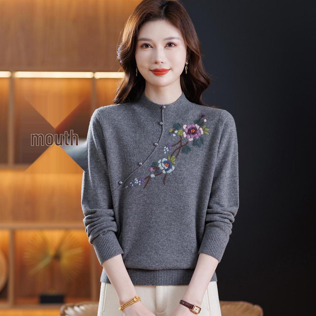 Elegant 100% Wool Embroidered Sweater - Women's Autumn/Winter Half-High Neck Top