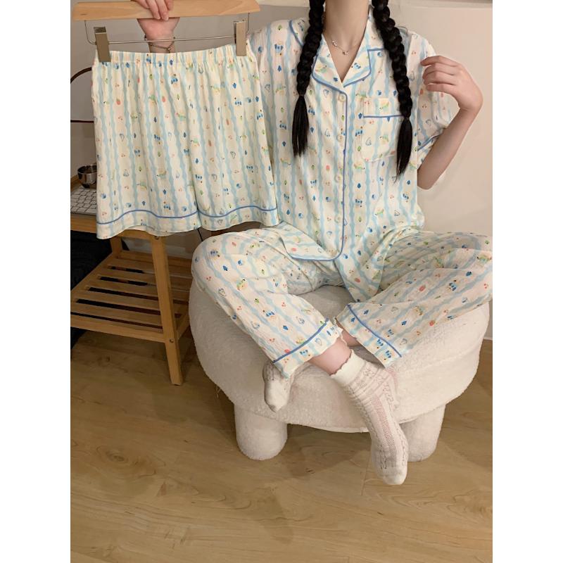 

Sweet and Cute Three-piece Pajamas Set Cartoon Kawaii Print New Pajamas Women V-neck Casual Versatile Pajamas XXL