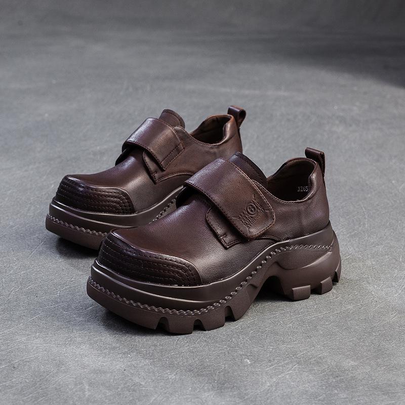 Johnature Chaussures Rétro à Bout Rond et Semelles Épaisses en Cuir Véritable Décontractées à Crochets et Boucles Chaussures à Plateforme pour Femmes