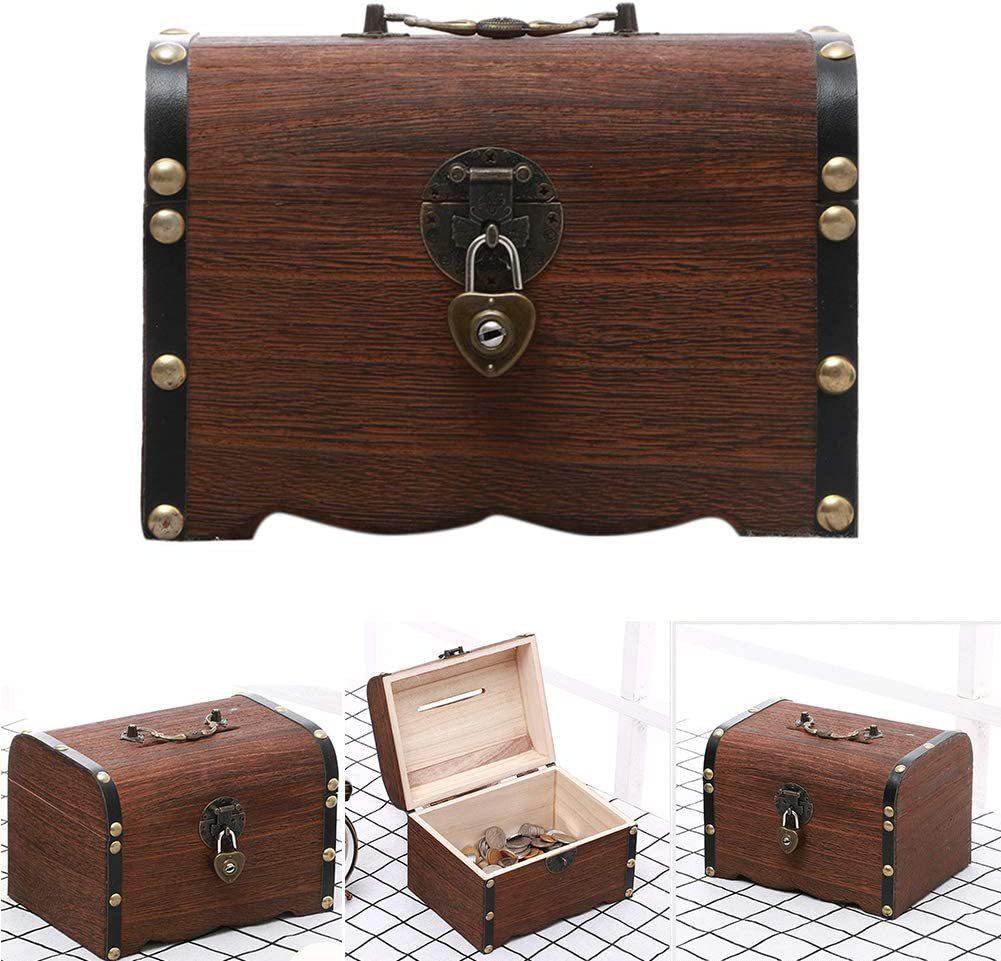 

Lockable Wooden Piggy Bank: Retro Carved Money Box & Children s Toy 10 x 10 x 15 cm
