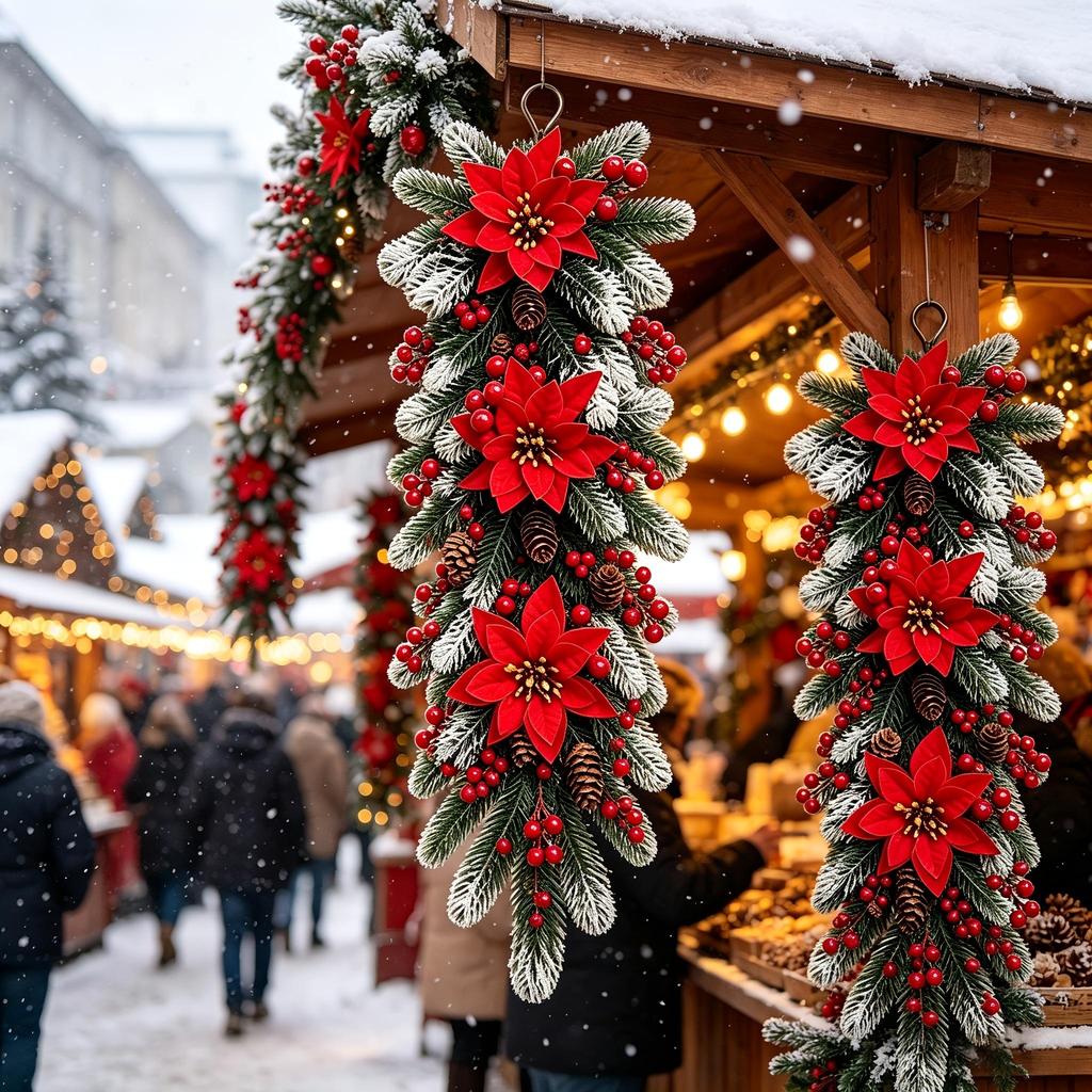 Christmas Decorative Garlands Selected Artificial Poinsettias, Red Berries, and Pine/Cypress Branches Feature Rich Colors and Natural Shapes