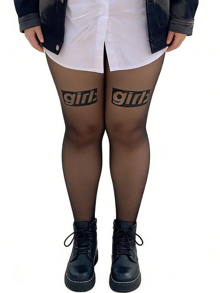 1 Par de Medias Negras Transparentes con Estampado de Letras para Mujer, Exclusivas del Día de San Valentín, Patrón de Letras de Moda, Anti-enganches y Adelgazantes