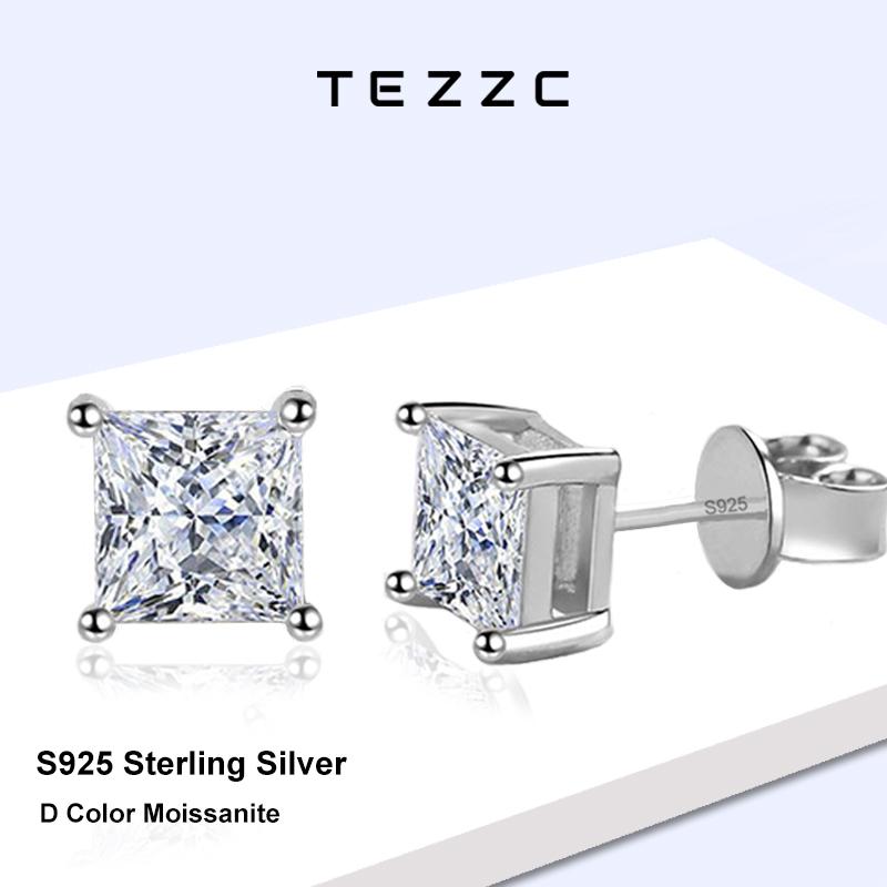 Tezzc D Princess Cut Moissanite Earring 925 Sliver Plated with White Gold Earrings for Women Fine Jewelry Gift