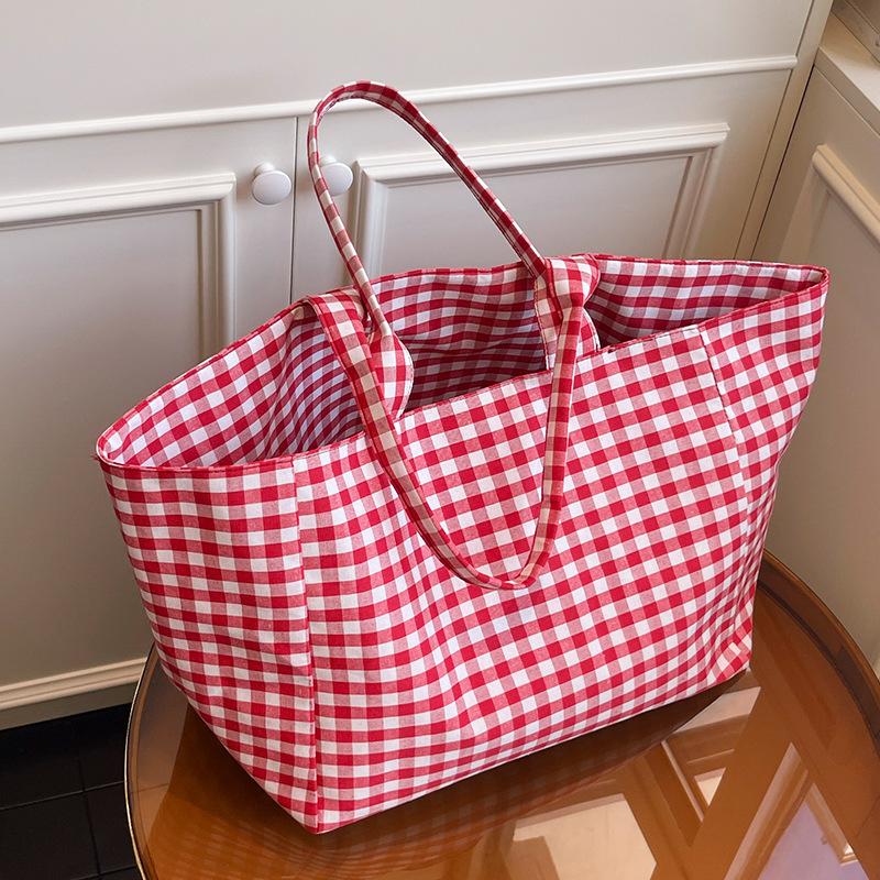 Original Simple Niche Large-capacity Canvas Bag Women's Summer 2025 New Versatile Plaid Handbag Student Tutoring Bag