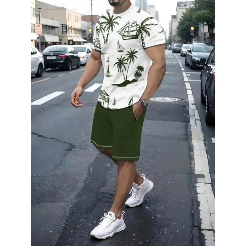 Summer Men's Casual Short Sleeve Suit Retro Palm Print Casual Holiday Fashion Street Wear Short Sleeve Shorts 2 Pieces