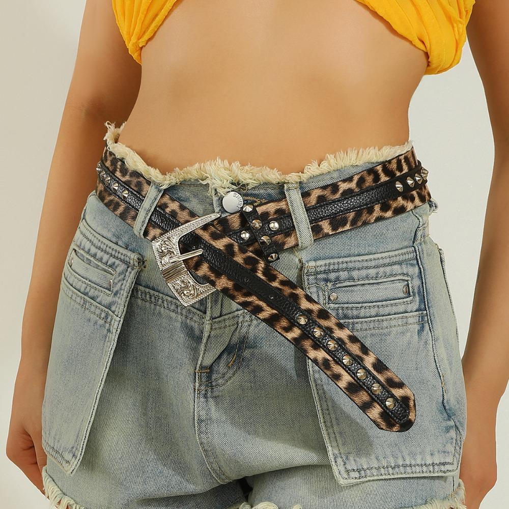 Rivet Decor Leopard Print Belt Engraved Design Waist Belt Retro PU Leather Belt Cowboy Style