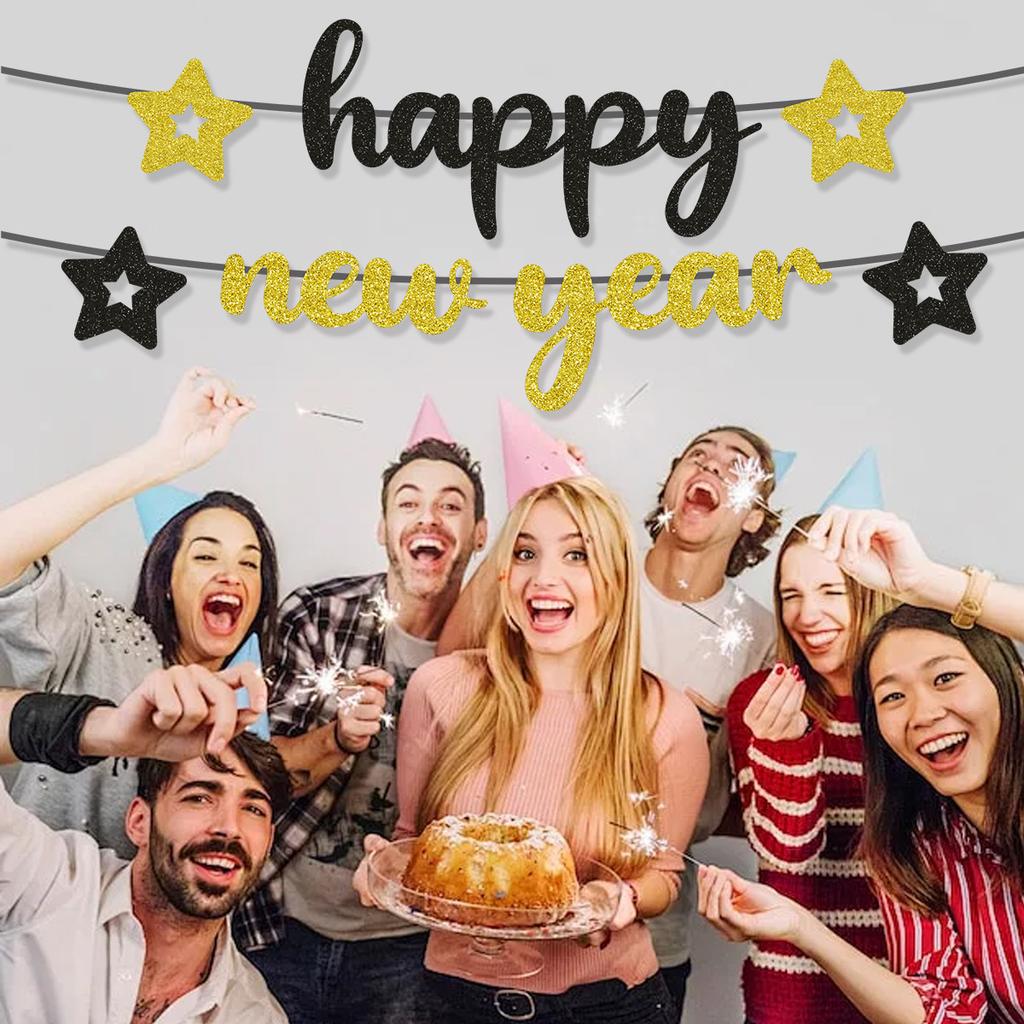 New Year'S Day Theme Party Decoration Banner Black Gold Star Hat Bronzing Flag