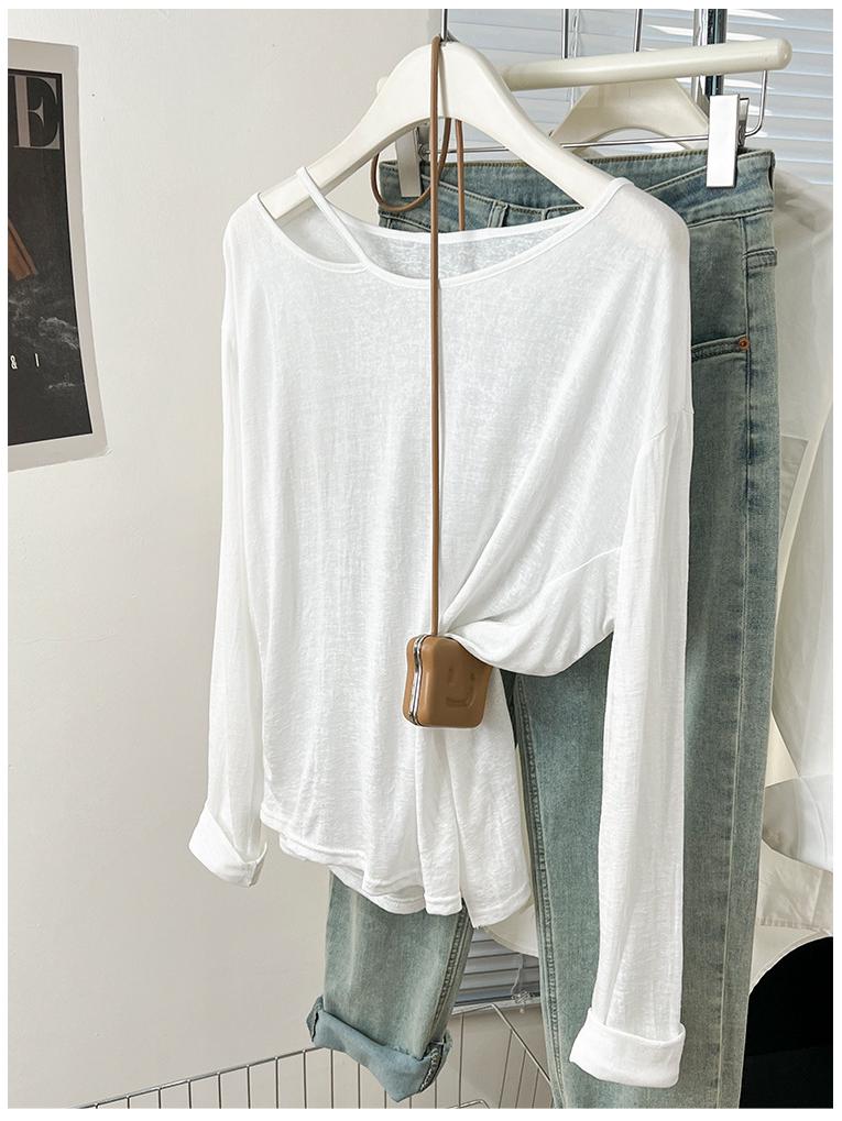 Women's Blue Off-the-Shoulder Sun Protection Long-Sleeve T-Shirt, Summer Loose Fit Cover-Up Top