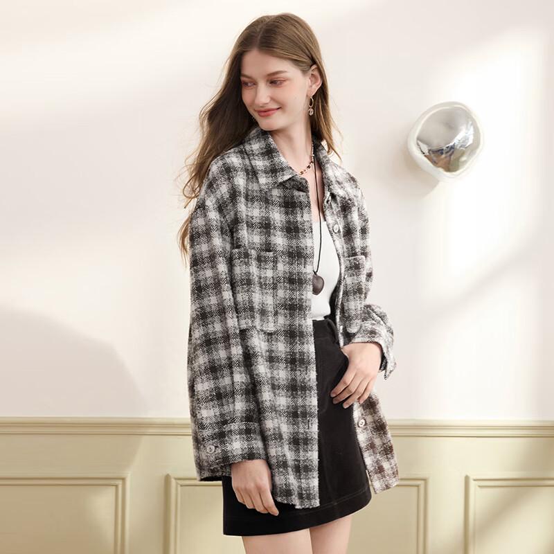 Women's Retro Coffee Plaid Wool Blend Long-Sleeved Shirt