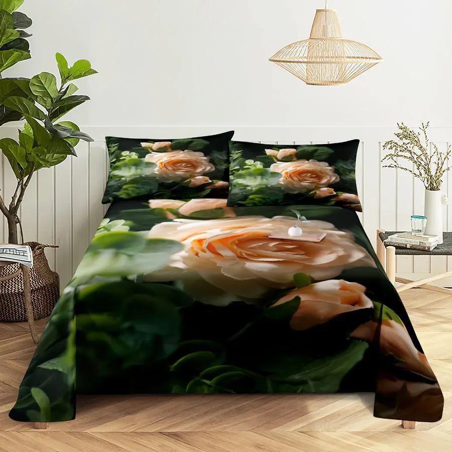 Pink Floral Bed Sheet Set Pillowcase Bedding Linens Cover Flower Queen King Twin Full Size for Single Double Bed Soft Thin
