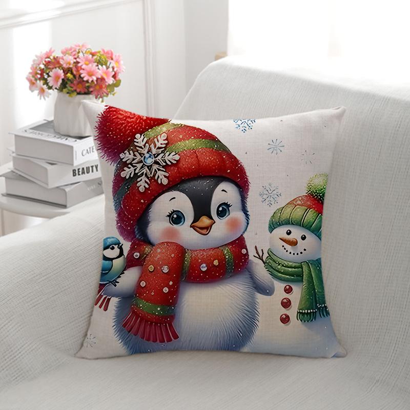 Christmas Style Linen Christmas Penguin Decoration Sofa Backrest Double-sided Printed Pillowcase Home Cushion Cover