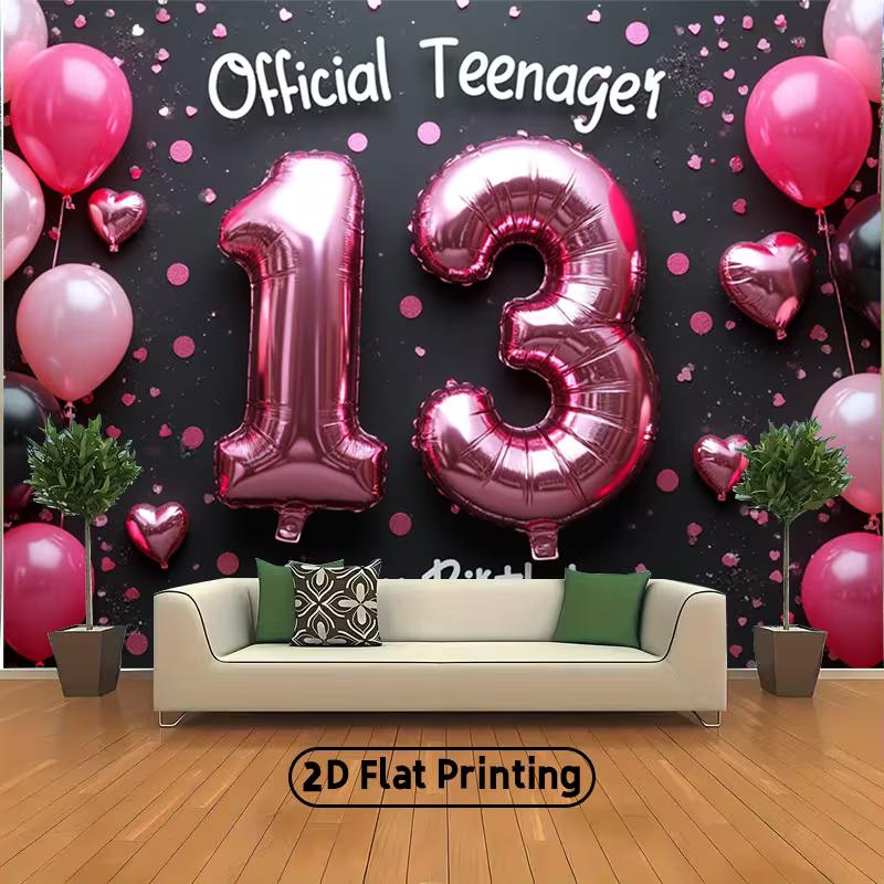 2D 13th Birthday Photo Booth Backdrop "Official Teenager" Pink Balloons Background