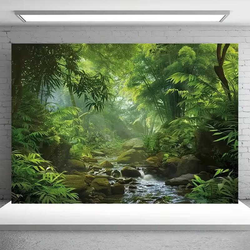 2D Misty Tropical Jungle Waterfall Backdrop Photography Background Banner