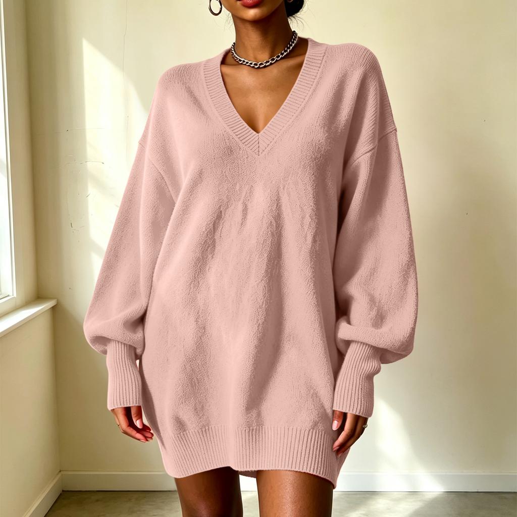 Women's Loose Fit Midi Sweater Dress with Sleeves and Collared Neckline
