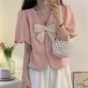 Camicetta da Donna Coreana Dolce Scollo a V con Fiocco Abbigliamento Elegante Monopetto Estiva Monocolore Casual Basic Manica Corta Larga