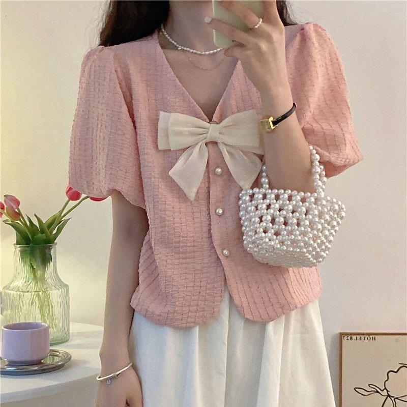 Camicetta da Donna Coreana Dolce Scollo a V con Fiocco Abbigliamento Elegante Monopetto Estiva Monocolore Casual Basic Manica Corta Larga