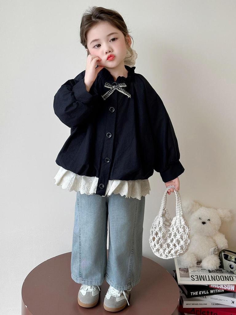Girls' Korean Style Jacket with Bow - 2025 Spring/Autumn Lightweight Fashion Top