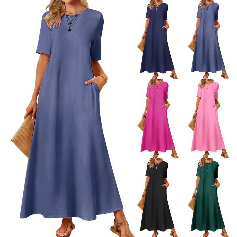 New Cross-border Women's Dress Pure Color Round Collar Pocket Short-sleeve