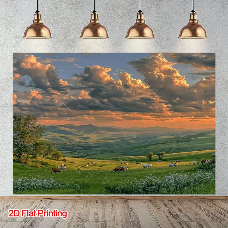 2D Pastoral Mountain Meadow Cow Print Wall Hanging