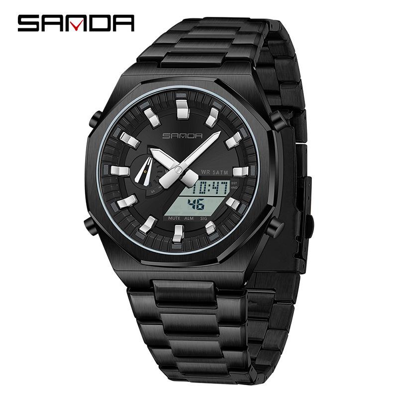 Sanda Men's Multifunctional Dual Display Watch with Countdown, Alarm, Daylight Saving, and Waterproof Features