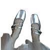 2025 New French Low-heeled Silver Mary Jane Shoes Square Head Thick-heeled Sandals Fairy Fairy Style Evening Empty Single Shoes