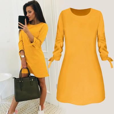 Damen Hemdkleid Rundhalsausschnitt Schnürung Lange Ärmel Midi Kleid Lässig Unifarben Schlupfkleid