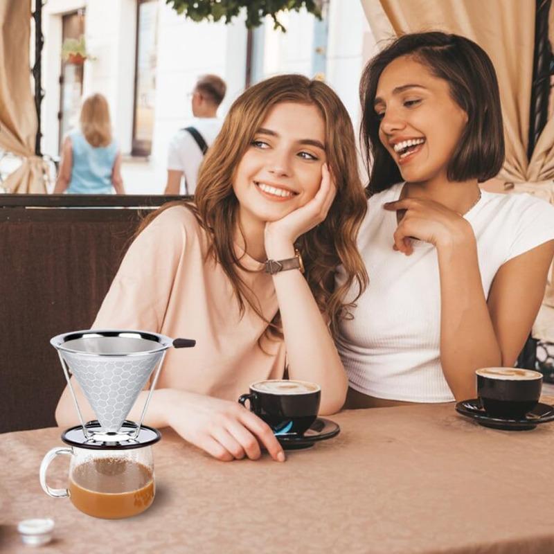 Edelstahl-Kegel-Kaffeefilter Wiederverwendbarer papierloser Dripper mit rutschfestem Tassenhalter Werkzeug zur Kaffeezubereitung für eine Tasse