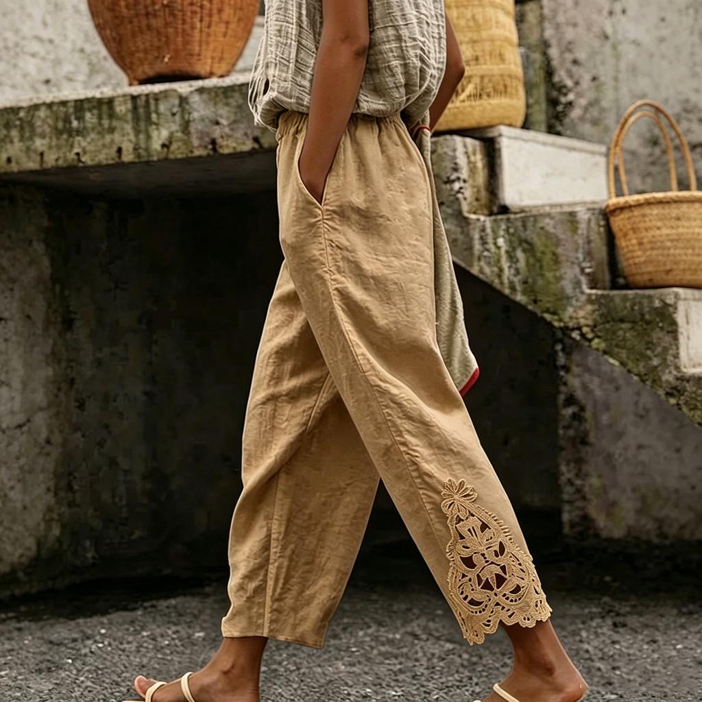 Women's Casual Straight Leg Pants with Elastic Waist and Lace Trim - Color Loose Fit