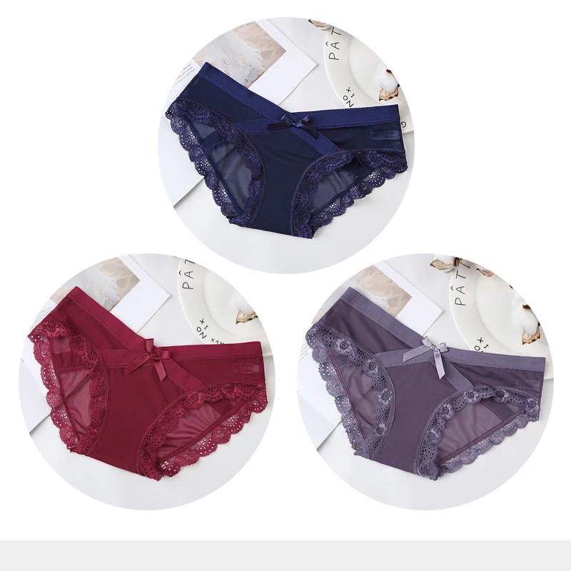 Women's Sexy Panties Transparent Mesh Breathable Briefs Underwear Low-Rise Bow Floral Panty for Lady Girl 3 Pcs/set