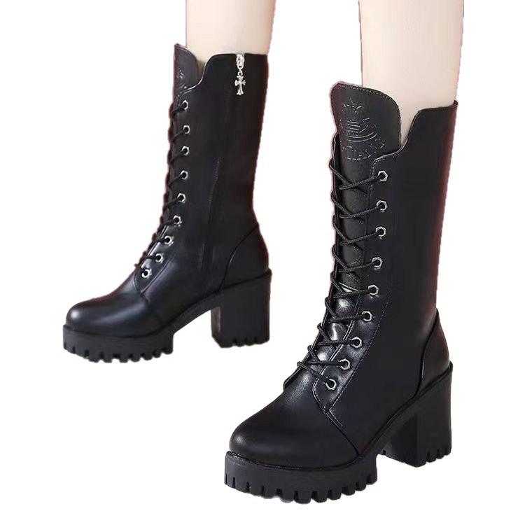 Thick-heeled Martin Boots Women's Medium Boots Women's Autumn and Winter 2025 New British Style Versatile Women's Shoes Black High-heeled Women's Boot