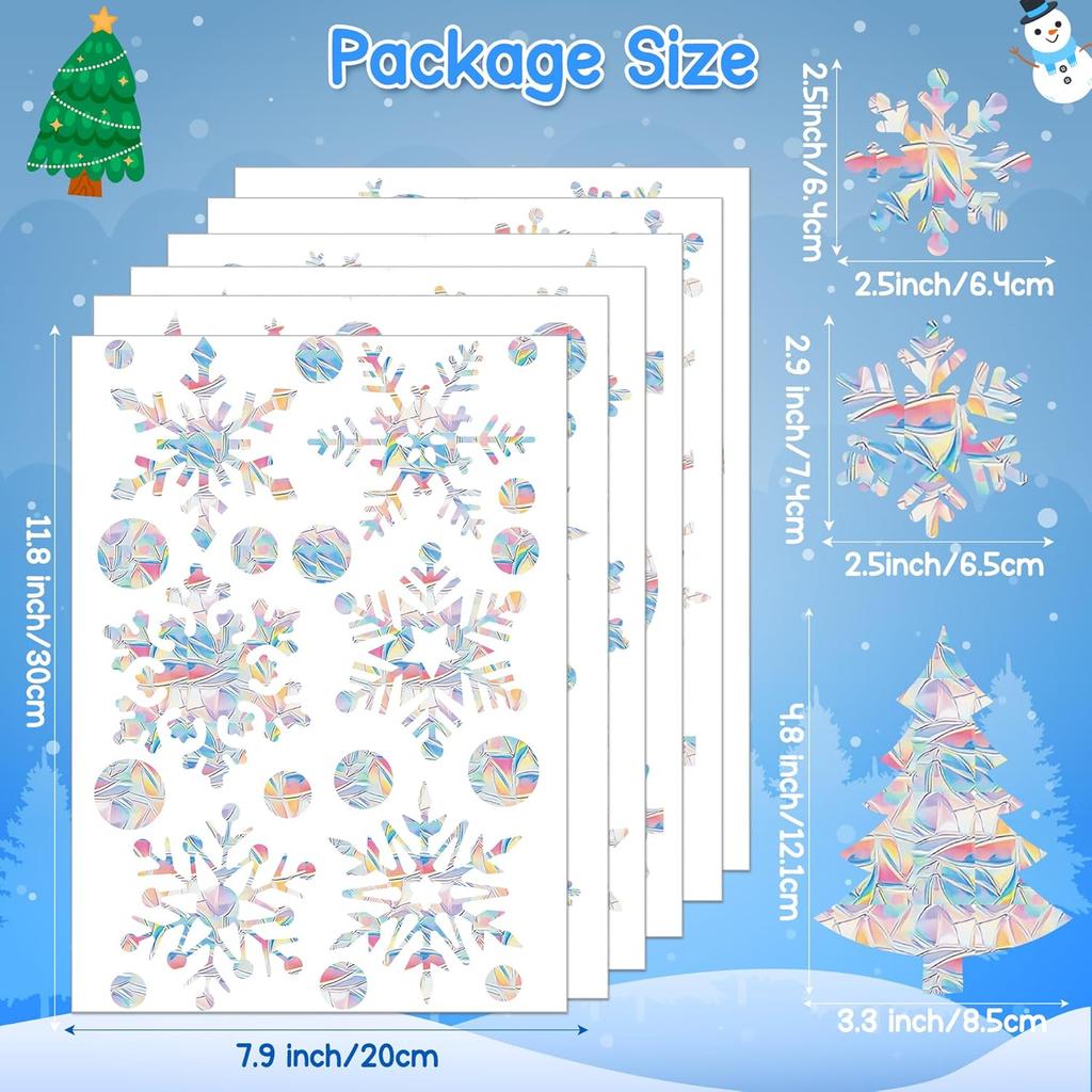 WATINC Winter Snowflakes Rainbow Window Clings - 47Pc Snowmen Tree Anti-Collision Holiday Window Decals to Save Birds, Reble Non-Adhesive Stickers